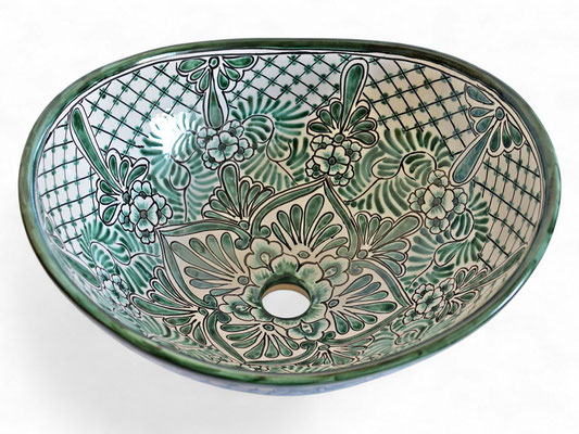 Handbemaltes mexikanisches Aufsatzwaschbecken Imperial Oval aus Talavera-Keramik in Grün