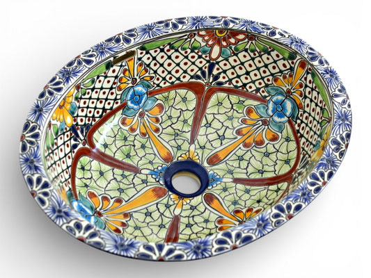 Farbenfrohes Einbauwaschbecken aus Keramik aus Mexiko mit Talavera-Blumenmuster
