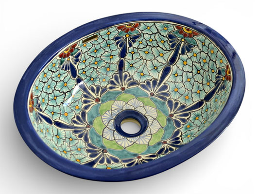 Keramik-Einbauwaschbecken, oval, aus Mexiko mit blau-grünem Blumenmuster PASION