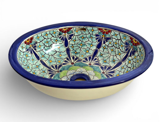 Keramik-Einbauwaschbecken, oval, aus Mexiko mit blau-grünem Blumenmuster PASION