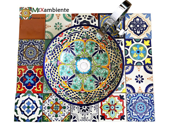 Bunte Fliesen 15x15 und Waschschale Caribe aus Mexiko von Mexambiente