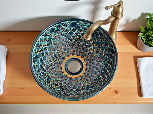 Handbemaltes Waschbecken PAVO VERDE für Bad und Gäste-WC 