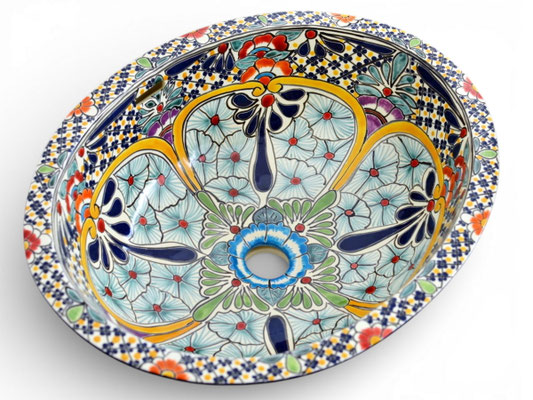 Ovales Einbauwaschbecken im Talavera-Stil, handbemalt im Caribe-Design mit buntem, floralem Muster für das Badezimmer.