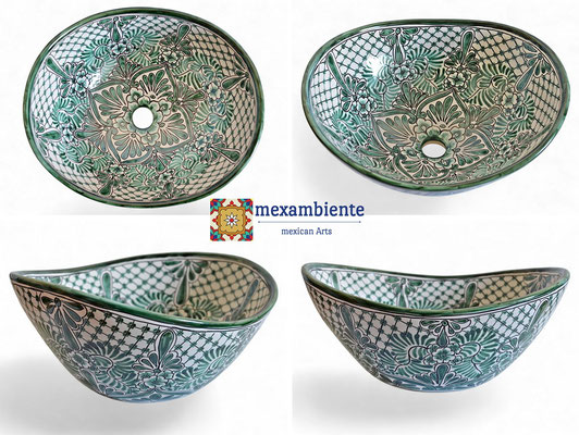 Handbemaltes mexikanisches Aufsatzwaschbecken Imperial Oval aus Talavera-Keramik in Grün