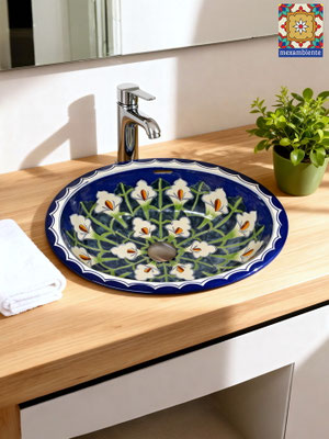 Mexiko Einbauwaschbecken aus Keramik mit handbemaltem Calla-Blumen-Motiv