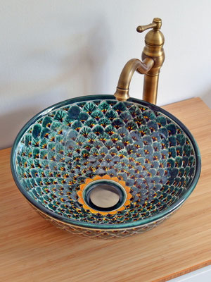 Handbemaltes Waschbecken PAVO VERDE für Bad und Gäste-WC 