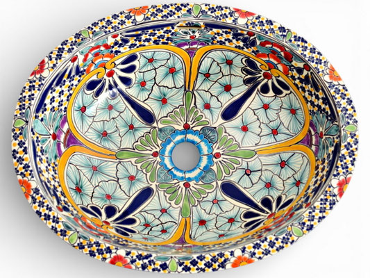 Ovales Einbauwaschbecken im Talavera-Stil, handbemalt im Caribe-Design mit buntem, floralem Muster für das Badezimmer.