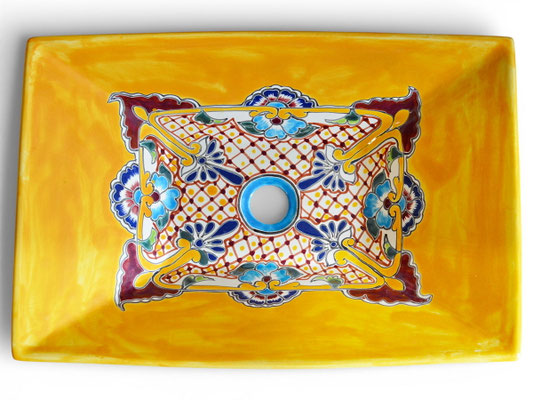 Rechteckiges, buntes Aufsatzwaschbecken aus Mexiko in Gelb mit abwechslungsreichem Talavera-Muster – PUEBLA Design