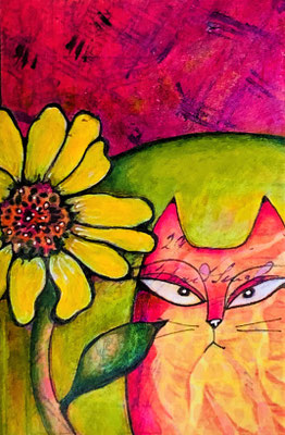 Cat and Flower - 3x4.5", acrylics - sold