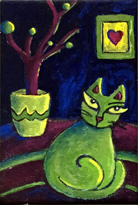 Cat and Flower Pot - 3 1/2 x 5 3/4", acrylics on canvas board - sold