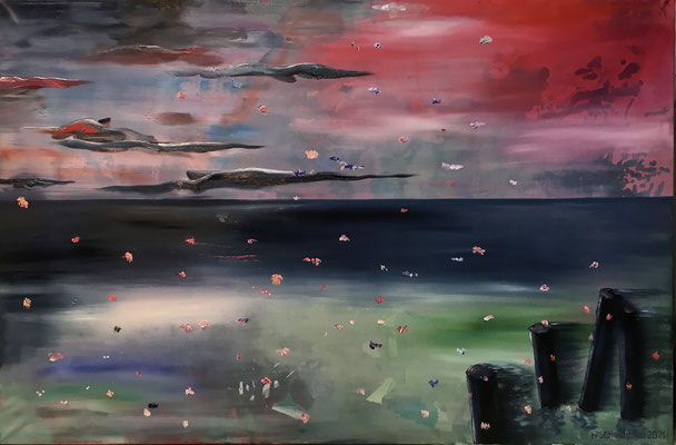 Out of the Blue (2021), Öl und Seidenmalfarbe auf Leinwand, 120x180cm