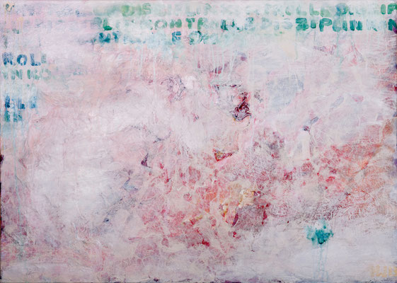 Disziplin und Kontrolle (2013), Acryl, Gips, Sand, Jute, Japanpapier auf Leinwand, ca. 100x140cm