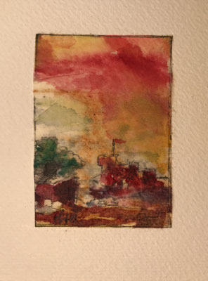 Burg im Abendrot (2018), Aquarell auf benutztem Teebeutelpapier, 6,5x4,7cm