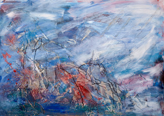 Treibgut (2005), Holz, Papier, Gaze, Zweige, Acryl auf Leinwand, ca.100x140cm 