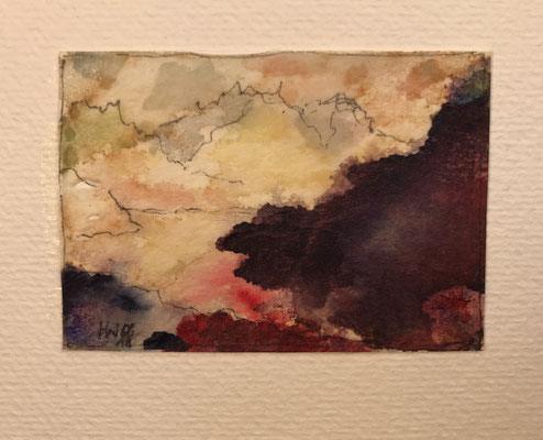 Abenddämmerung am See (2018), Aquarell auf benutztem Teebeutelpapier, 4,5x6,5cm
