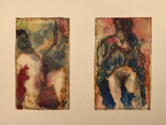 Teebeutel-Rendezvous (2018), Aquarell auf benutztem Teebeutelpapier, je 7,7x4,5cm
