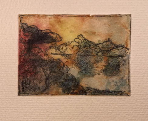 Still ruht der See (2018), Aquarell auf benutztem Teebeutelpapier, 4,3x6cm