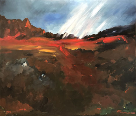 Gefährlicher Aufbruch in ein unbekanntes Land (2020), Acryl und Öl auf Leinwand, 120x140cm