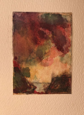 Gewitterwolken (2018), Aquarell auf benutztem Teebeutelpapier, 4,6x6,5cm