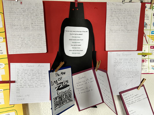 Examples of creative writing displayed during a Custom Kids English class.