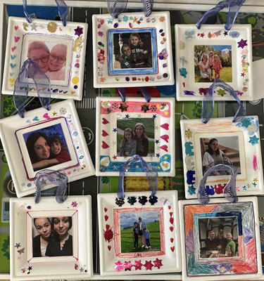 Handmade photo frames created by children at Custom Kids as Mother's Day gifts.