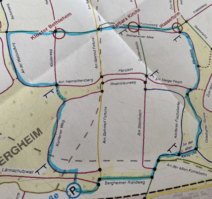 01.09.2025: Tagebau Fortuna, Start Parkplatz Triftstraße. Kentener Weg, links an der Waldsiedlung, rechts Fortunawe, vorbei am Kloster, Rast an d. Barbara Kapelle, weiter z. Wasserturm über Westhalde, Quadrather Ronne und alte Kiesgrube zurück zum Parkpla