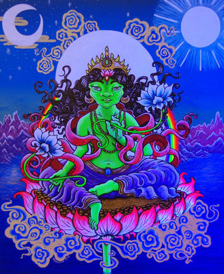 Green Tara, Acrylic Paint & Pens on Canvas, 2021 under UV light