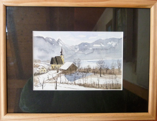 Winter Steinbach am Attersee - Aquarell - 15 x 10 cm
