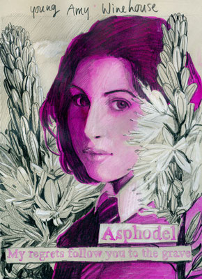 Portret of Amy Winehouse as a young girl, with te Asphodel plant and its meaning.