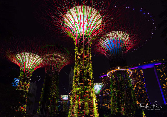 Zwei der Türme werden in luftiger Höhe mit einem Skyway verbunden, den die Singapurische Oversea China Banking Corporation (OCBC) finanziert hat. Nachts werden die Türme beleuchtet und es finden Licht- und Tonshows statt, die die Bank sponsert.