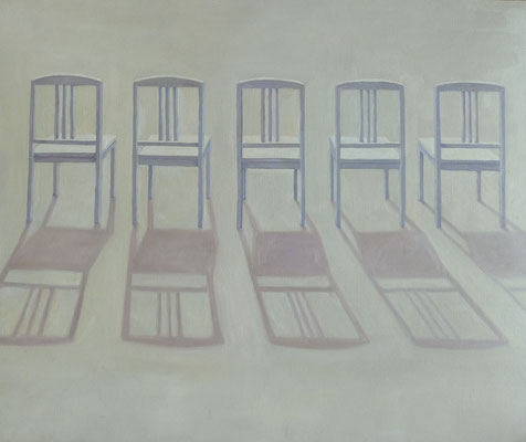 2012, Öl auf Papier, 42x39 cm / Stühle