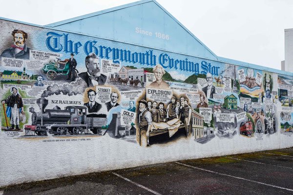 Greymouth Mural. Headlines from local history refers to coal and gold mining. Today, timber, fishing, mining and (eco)tourism are major industries