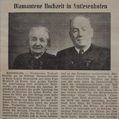 1965: Diamantene Hochzeit: August u. Elise Hochaspöck