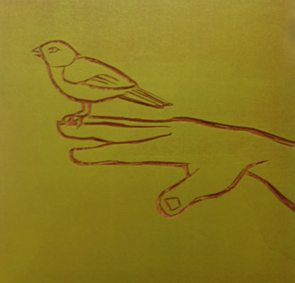 Spatz im Café III, 2011, Acryl auf Sperrholzschnitt,  27,5 x 28,5 cm
