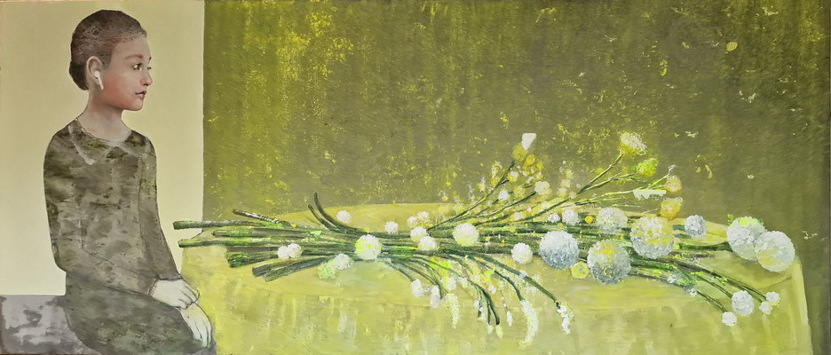 MÄDCHEN MIT BOUQUET GRÜN 2023 Acryl auf Leinwand  70 x 170 cm