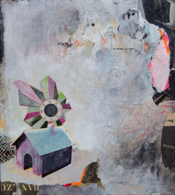CONVERSATION WITH INCIDENTAL ECHO 2015 Zeichnung, Kaseinfarbe, Grafik-Collage, Wachs auf Papier, Holz  50 x 45 x 1,5 cm