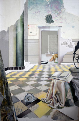 Le jeu des yeux 2018 Collage / Zeichnung / Kaseinfarbe / Wachs auf Papier /Leinwand 160 x 100 x 2 cm