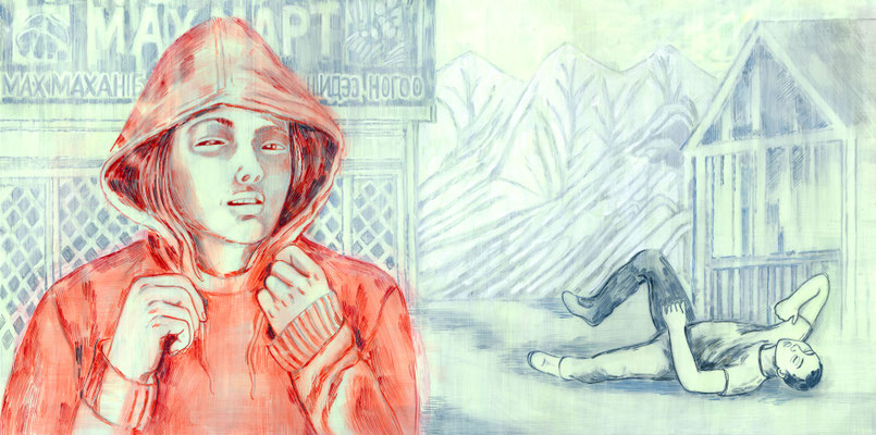 DIE RINGERIN VI (aus dem Bilderbuch die Ringerin) 2020 Bleistift + Acryl auf Transparentfolie  31 x 59 cm