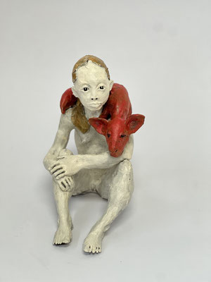 VERKAUFT !!! FEMME ET LE RENARD // Frau und der Fuchs 2024 Terracotta, bemalt 30 x 20 x 20 cm