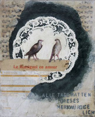 STERNHELL VI (le rossignol en amour) 2011 Zeichnung, Grafik-Collage, Wachs auf Papier, Karton  32 x 26 cm
