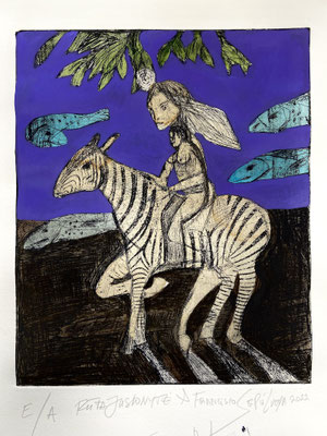 RIDERS ON THE BLUE VELVET zus. mit Ruta Jusionyte 2023 Radierung, handkoloriert E/A 35 x 30 cm