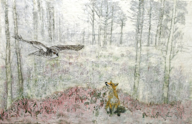 EULE UND FUCHS 2024 Paraffin und Acryl auf Papier 80 x 123 cm