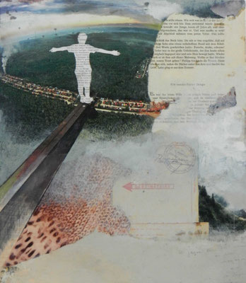 Lieu de naissance II 2013 Zeichnung / Kaseinfarbe / Collage / Wachs auf Papier / Holz 37,4 x 32,5 x 0,9 cm