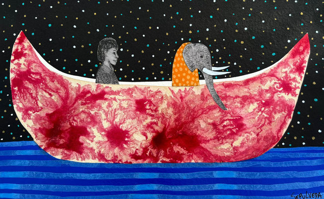 PROMENADE DE NUIT 2 2025 GRAFIK, COLLAGE, TINTE, ACRYL AUF PAPIER  26 x 42 cm