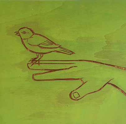 Spatz im Café V 2011 Acryl auf Sperrholzschnitt  27,5 x 28,5 cm