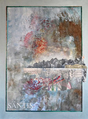 Säntis und einiges 2022 Temperafarbe / Farbstift / Collage auf Leinwand 80 x 60 x 2 cm