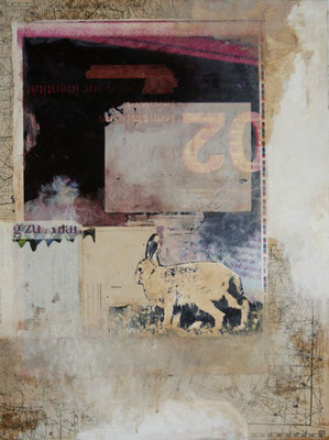Zwischenstation II  2011 Zeichnung / Collage / Wachs-Mischtechnik auf Papier / Holz 80 x 60 x 1,5 cm