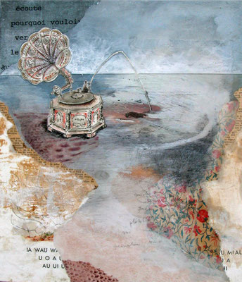 En chIFFres ronds I 2013 Feder / Tusche / Collage / Wachs-Mischtechnik auf Papier / Holz 37 x 32,5 x 1,2 cm