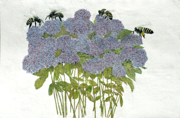 BIENEN AUF HORTENSIE 2 2024 Paraffin und Acryl auf Papier 85 x 127 cm