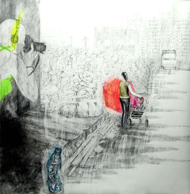 Frau mit Kinderwagen, 2013, Bleistift/Buntstift auf Papier, 150 x 150 cm
